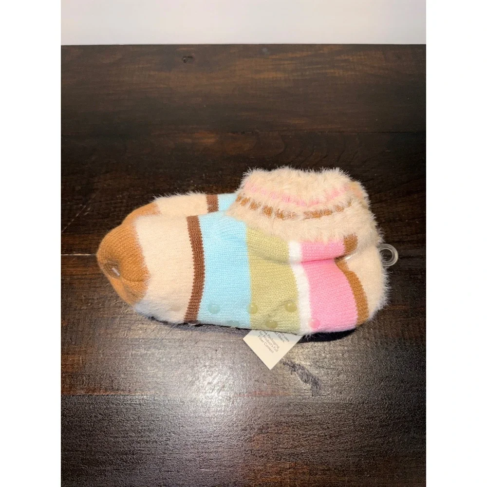 No Boundaries Womens Faux Fur Lined‎ Slipper Socks Striped Beige Multi Size 4-10
